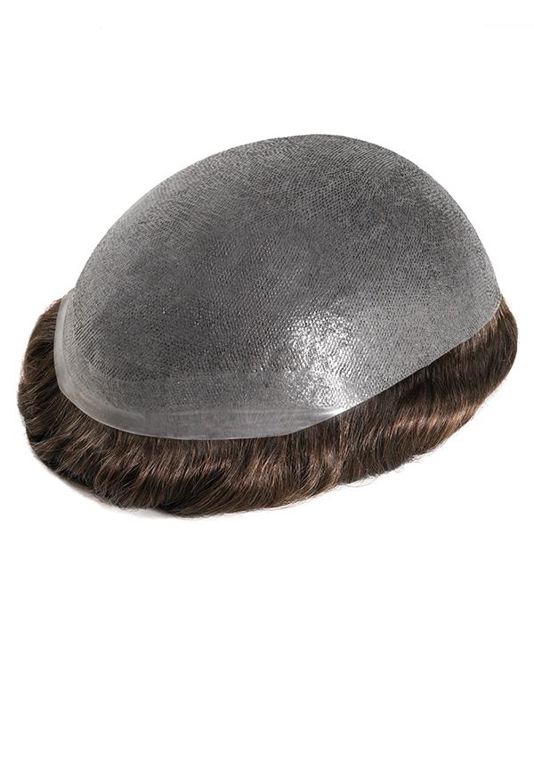 Prótesis capilar precortado para hombre con cabello estilizado hacia atrás. Realista y de cabello natural