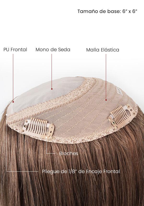 Peluca para Mujer con Cabello Remy de Malla Elástica y Skin Delgado con Broches de Fácil Colocación