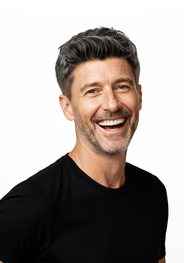 protesis capilar para hombre de base de skin super delgado con pelo largo medio en la superficie con flequillo. Fácil de estilizar