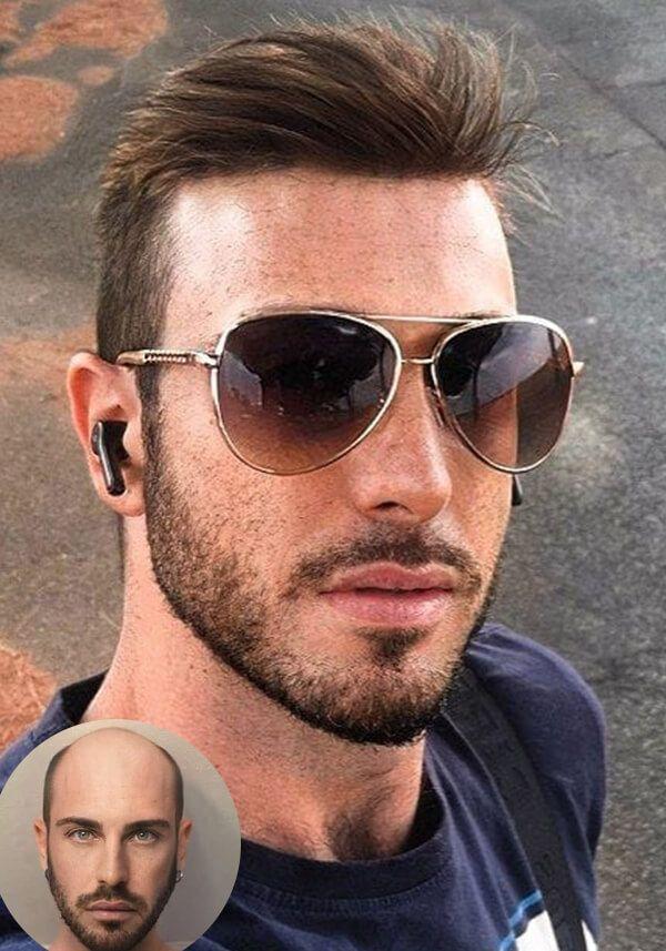 Antes y despues de hombre usando una peluca de skin con encaje y cabello real