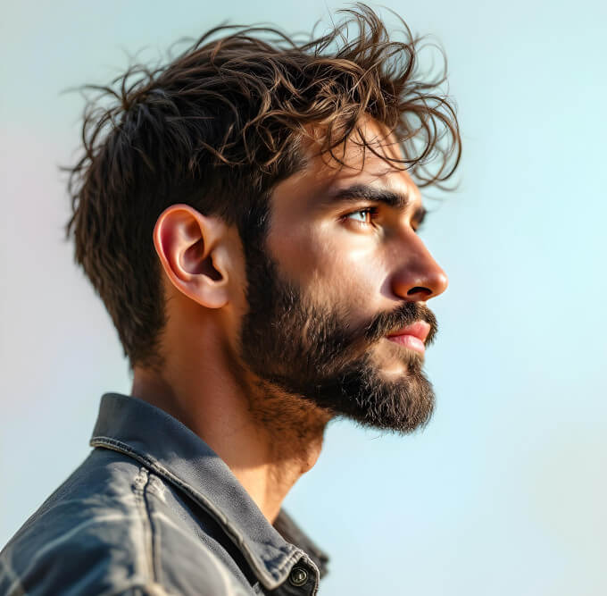 Estilo Despeinado con Textura Mate en Prótesis Capilar para Hombre con Cara Alargada